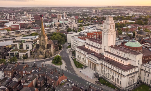 An aerial photograph of campus taken from above the Parkinson building