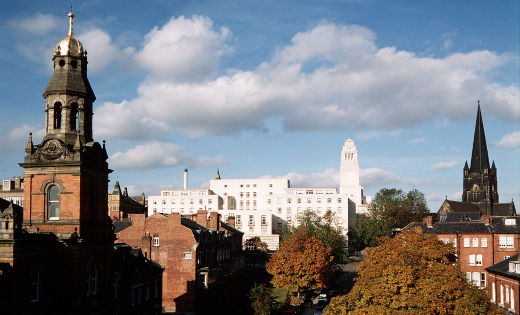 A view across some of the rooftops of buildings on campus, looking towards the Parkinson Building.