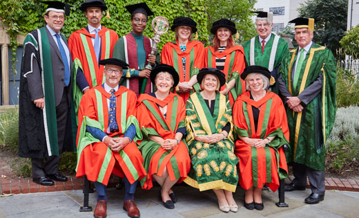 Professor Dame Jane Francis ahead of her installation as the University's new chancellor, is pictured with honorary degree recipients, Secretary Roger Gair, Vice-Chancellor Sir Alan Langlands and Pro-Chancellor, David Gray July 2018
