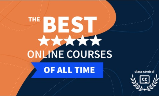 Class Central's Best Online Courses of All Time in white text on a blue and orange background.