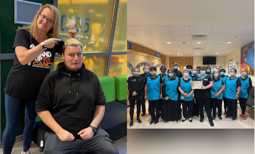 Theresa Fahy (left) cutting hair for charity, and the Cleaning Services team in the Leeds Dental Institute.