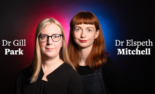 Dr Gill Park and Dr Elspeth Mitchell in front of a black background with red and blue colour splashes.