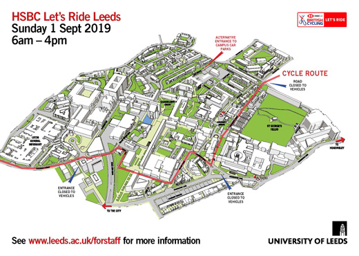 Let's Ride Leeds 2019 campus route map. August 2019