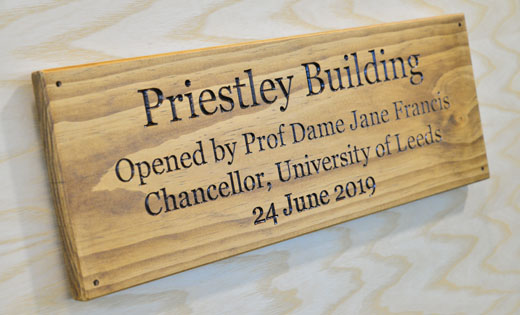 The plaque marking the official opening of the newly refurbished Priestley Building. Picture: Simon Miles. July 2019