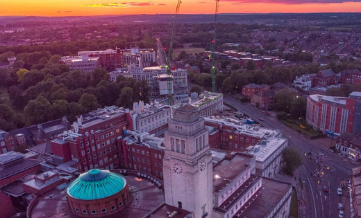 An aerial shot of the Parkinson Building at the sunset. 