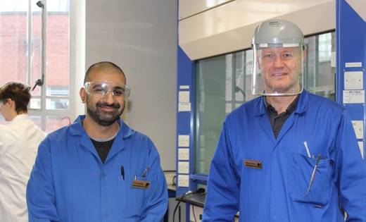 Dr Nimesh Mistry and Dr Stephen Gorman in a chemistry laboratory