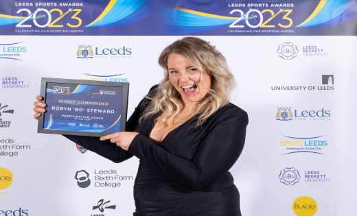 Robyn 'Bo' Stewards at Leeds Sports Awards holding her award for 'Highly Commended' Participation Coach