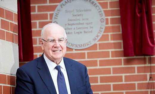 Vice-Chancellor in front of Royal Television Society plaque 2018