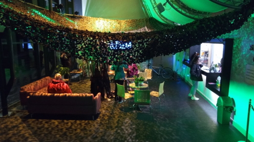 A photo of the reception area, made to look like a forest.