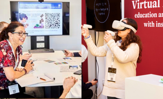 Delegates collaborating in digital escape room.    
Staff member demonstrating VR