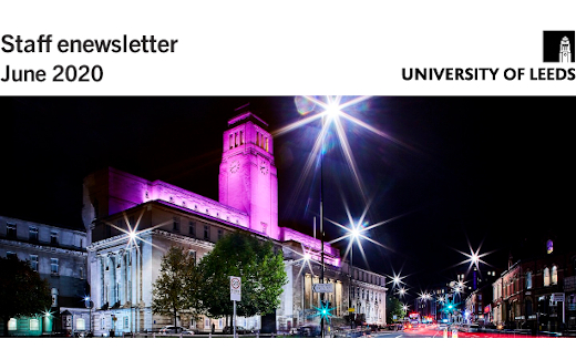 The 24 June enews banner, with Parkinson Building lit up at night. June 2020.