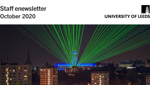The 28 October enews, featuring Light Night's lasers from the Parkinson Building. Image by Lizzie Coombes, October 2020