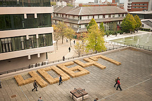 View of hay bales spelling out 40647, which is the total number of students and staff at the University