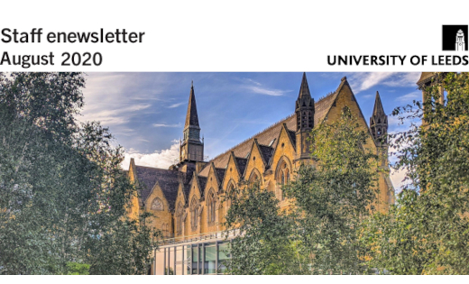 The banner for the 5 August eNews, featuring the Leeds University Business School building. August 2020
