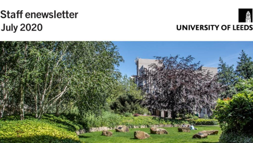 The 8 July enews banner, featuring the Sustainability Garden on a sunny day. July 2020.