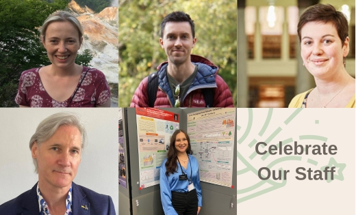 Five images of the people in April 2023&#039;s celebrate our staff: Susanna Ebmeier, Chris Bell, Nina Wardleworth, Daryl O&#039;Connor and Alex Gresty