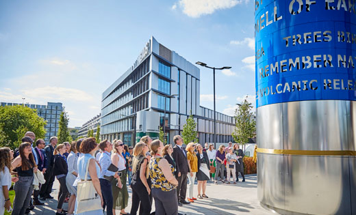 Converse Column, a sculpture by internationally renowned artist, Liliane Lijn, is officially unveiled near Nexus. July 2019
