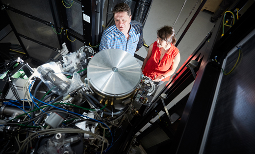 Professor Neil Ranson and Dr Rebecca Thompson with the cryo-electron microscopes at Leeds. April 2019
