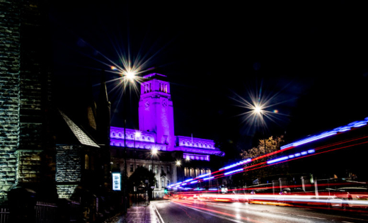 The Parkinson Building, lit up in purple for International Day of Persons with Disabilities. Uploaded December 2020