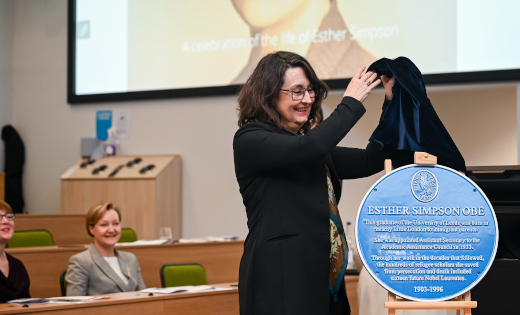 Esther Simpson's blue plaque being unveiled by the Vice Chancellor, Professor Simone Buitendijk.