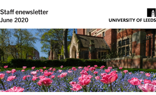 The June enews header featuring a bed of pink blooms outside the Great Hall. June 2020.
