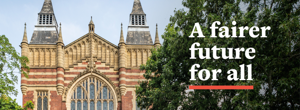 The Fairer Future for all banner showing the Great Hall.