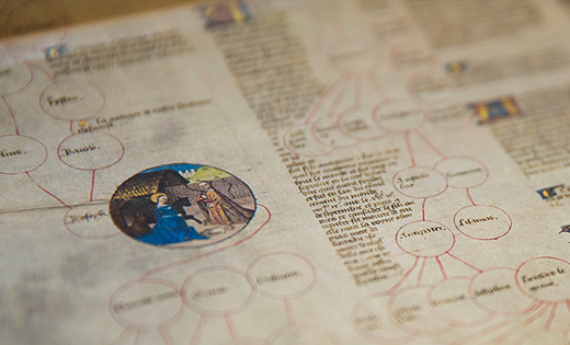 A close up shot of a medieval manuscript.