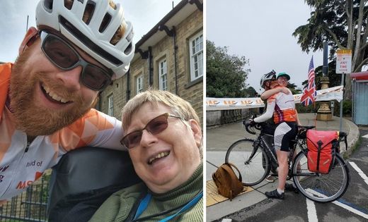 Antony Butcher, who works in the Student Education service, is pictured with his mum, Teresa (left), and hugging his wife at the end of his 4,000-mile bike ride (right).