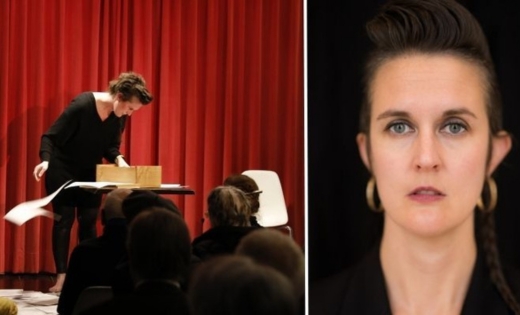 Headshot of Dr Kimberly Campanello alongside a separate image of Dr Campanello performing poetry.