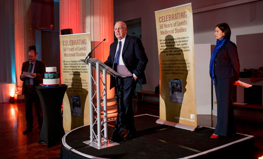 Vice-chancellor Sir Alan Langlands speaking at celebration of Institute of Medieval Studies 50th anniversary exhibition November 2017