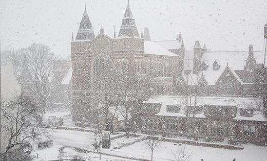 Snow falling at Leeds University