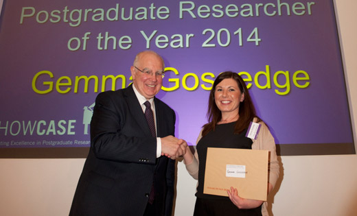 Postgraduate researcher of the year Gemma Gossedge with VC Sir Alan Langlands