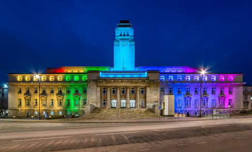 The Parkinson Building lit up in rainbow colours for LGBT+ History Month. February 2021.