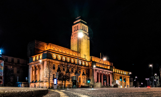 A picture of the Parkinson Building lit up yellow on 23 March 2021.