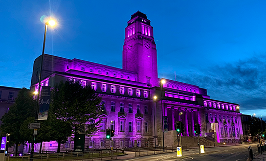 The Parkinson Building lit up purple in solidarity with Black Lives Matter