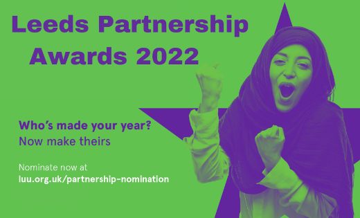 A young woman celebrates in a purple on green image to match the Partnership Awards logo.