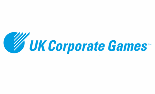 Corporate Games banner in blue, featuring their circular logo