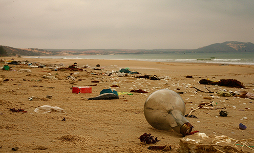 Plastic strewn across a beach