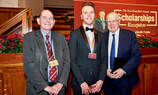 At the Vice-Chancellor’s Scholarships Reception are Tim Grout (Biochemistry and Food Science 1977) with scholar Ben Kew – who gave a speech thanking donors at the Scholarships Reception – and Vice-Chancellor, Sir Alan Langlands. December 2018