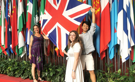 Student entrepreneurs Sarah Lloyd, Caitlin Pharoah O’Reilly and Abinav Bhattachan flying the flag for Britain at the Confucius headquarters in Beijing. Picture: www.hummingbridsphotography.com