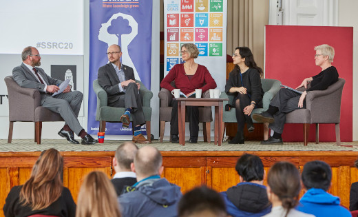 The panel on stage at the 2020 Student Sustainability Conference.  March 2020