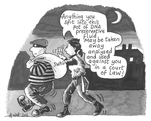 Cartoon showing a burglar being stopped the Police