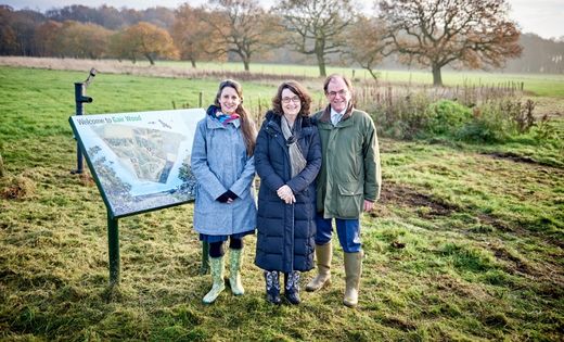 Former University Secretary, Roger Gair, pictured with Gair Wood academic lead, Dr Cat Scott, and Vice-Chancellor, Professor Simone Buitendijk, at the planting of a new woodland named in Roger’s honour
