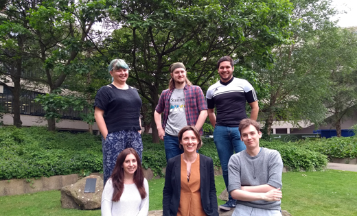 Dr Lorna Dougan (front, centre) with lab members (back row, from left) Ellen Kendrick, Matt Hughes and Harry Laurent, and (front, from left) Sophie Cussons and Ben Hanson June 2018