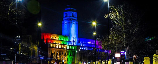 The Parkinson building lit up in rainbow colours