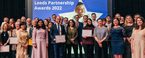 Some of the winners of the 2022 Leeds Partnership Awards gathered on stage at the end of the evening.