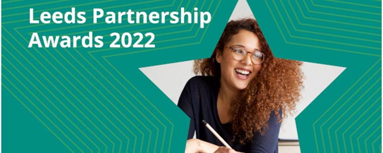 Leeds Partnership Awards 2022 logo with a person smiling.