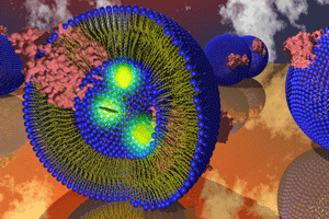 An artistic representation of submicron lipid vesicles filled with fluorescent molecules